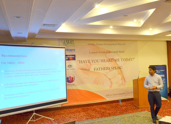 A presenter at AMAL's fatherhood research launch event in Islamabad, Pakistan on June 28, 2016.