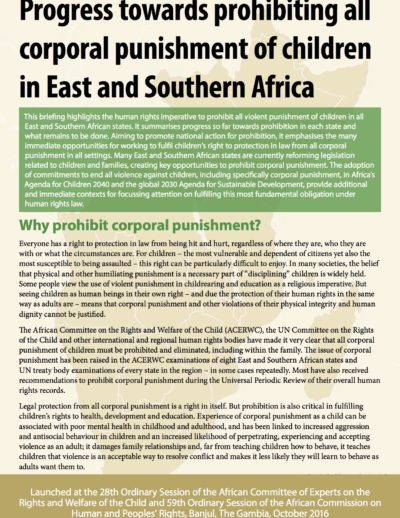 Progress towards prohibiting all corporal punishment of children in East and Southern Africa