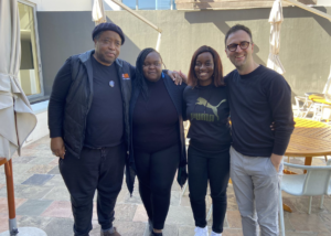 Hanging out at tea-time: Bafana Khumalo, Diana Macauley, Mphokuhle Mabhena-Lunga (Sonke Gender Justice), Andy Gleason (Save the Children US).