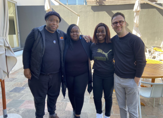 Hanging out at tea-time: Bafana Khumalo, Diana Macauley, Mphokuhle Mabhena-Lunga (Sonke Gender Justice), Andy Gleason (Save the Children US).
