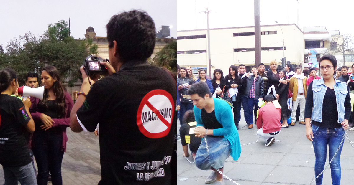 Youth in Lima participate in a street performance as part of the "Anti-Machismo Brigade."